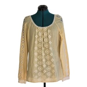 Tory Burch Embroidered Long Sleeve Blouse Yellow White Size 6 Boho Peasant Top